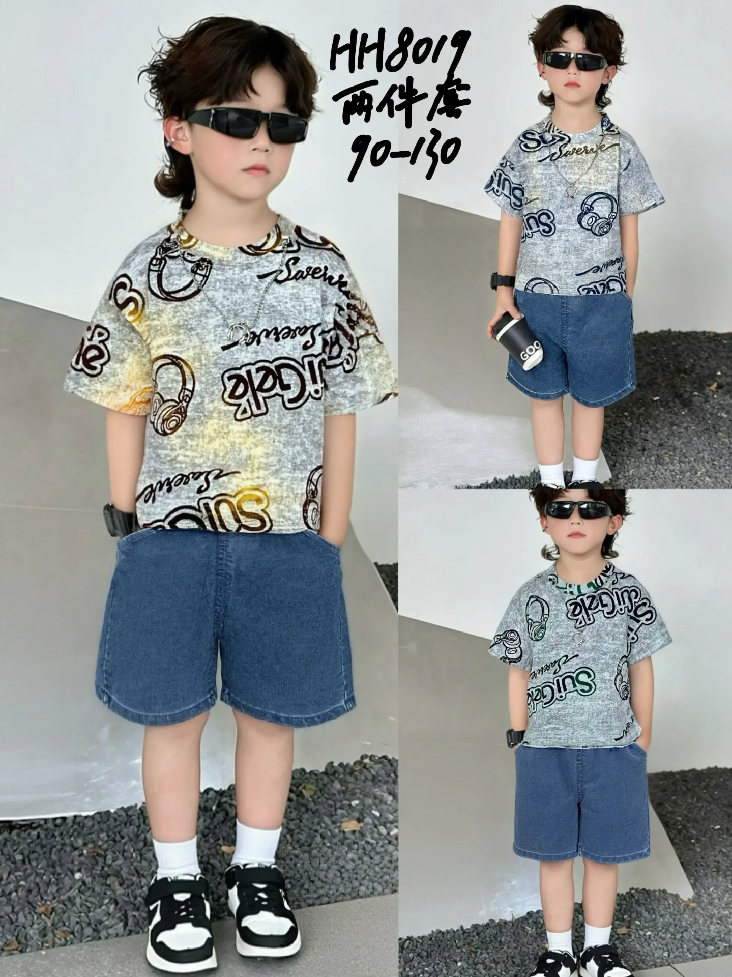 满印字母耳机衬衫短袖二件套