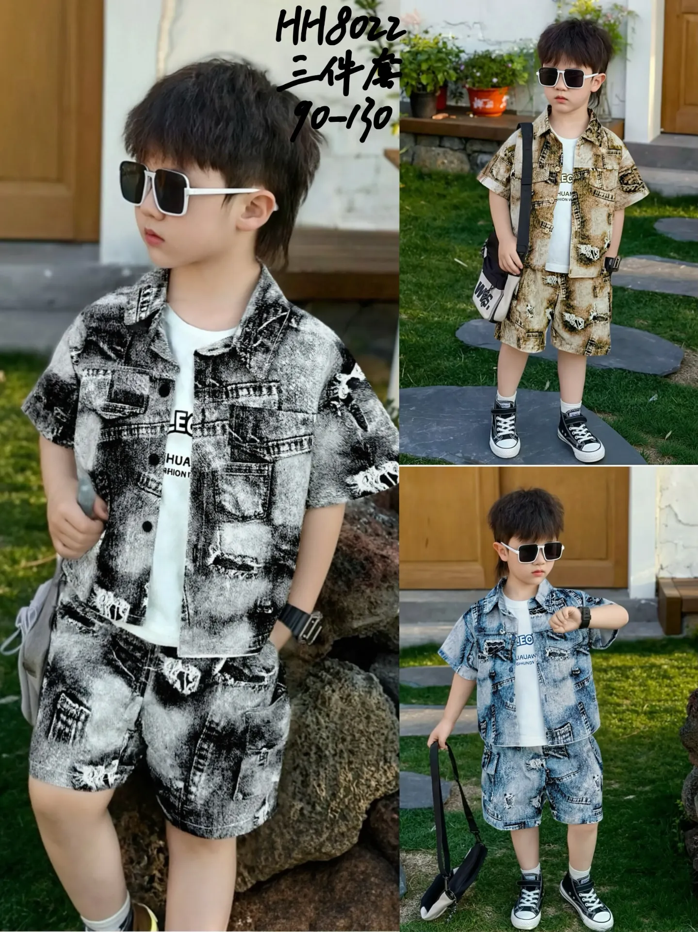 满印口袋纹理衬衫短袖三件套