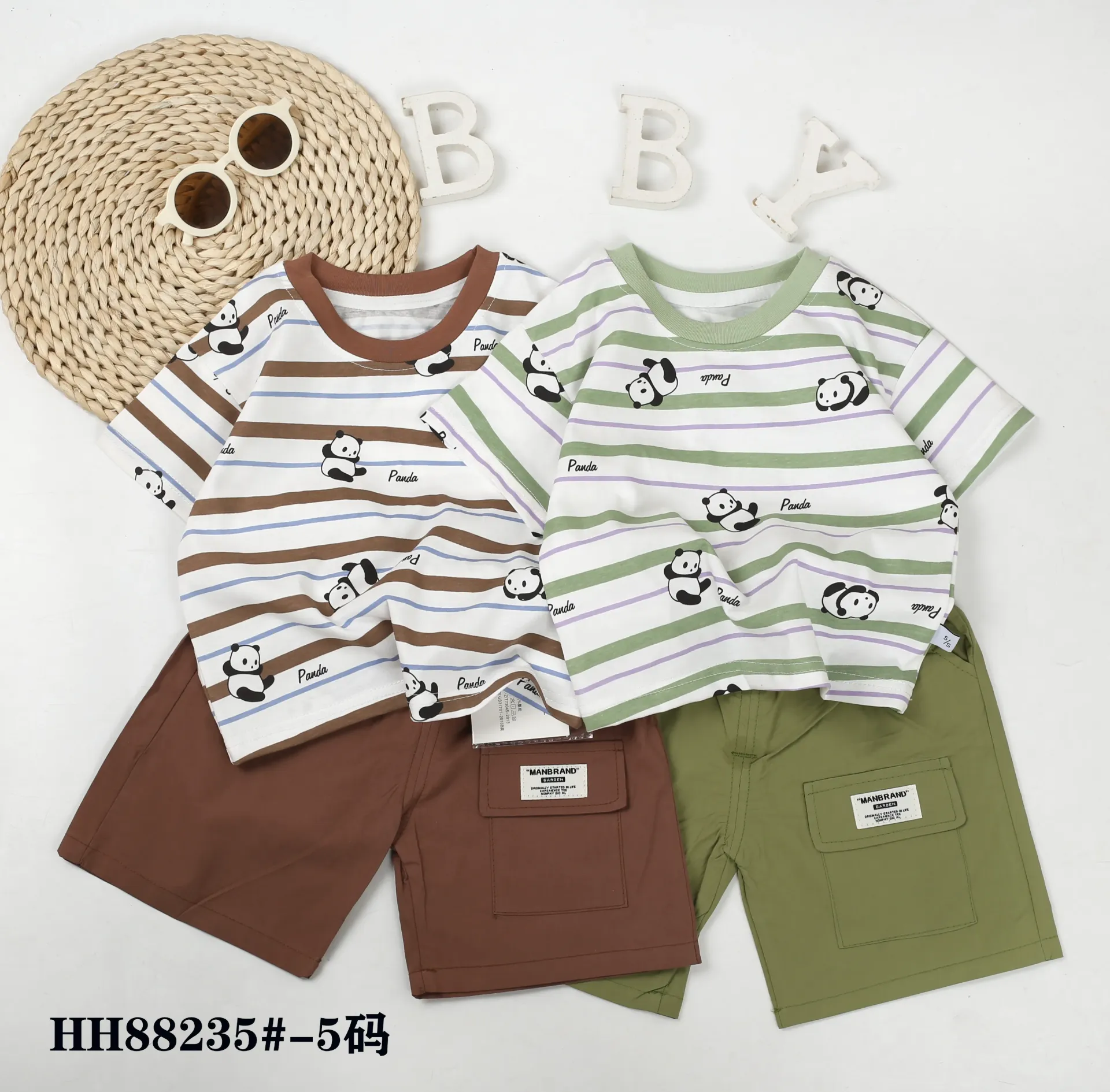 [250338235225] Panda熊猫条纹短袖二件套 (咖色)