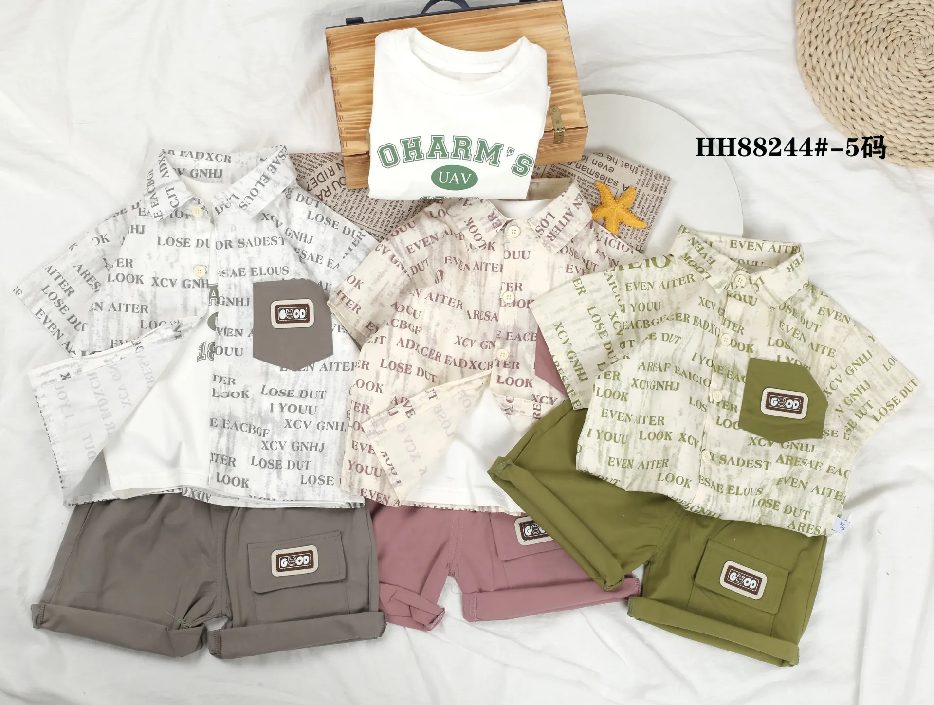 满印字母口袋GOOD标衬衫短袖三件套