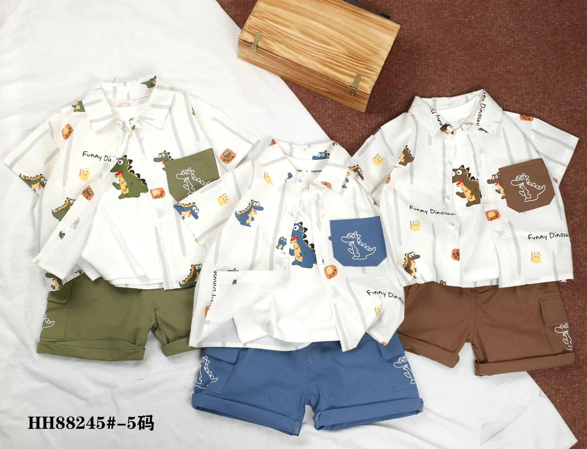 满印Funny恐龙衬衫短袖三件套