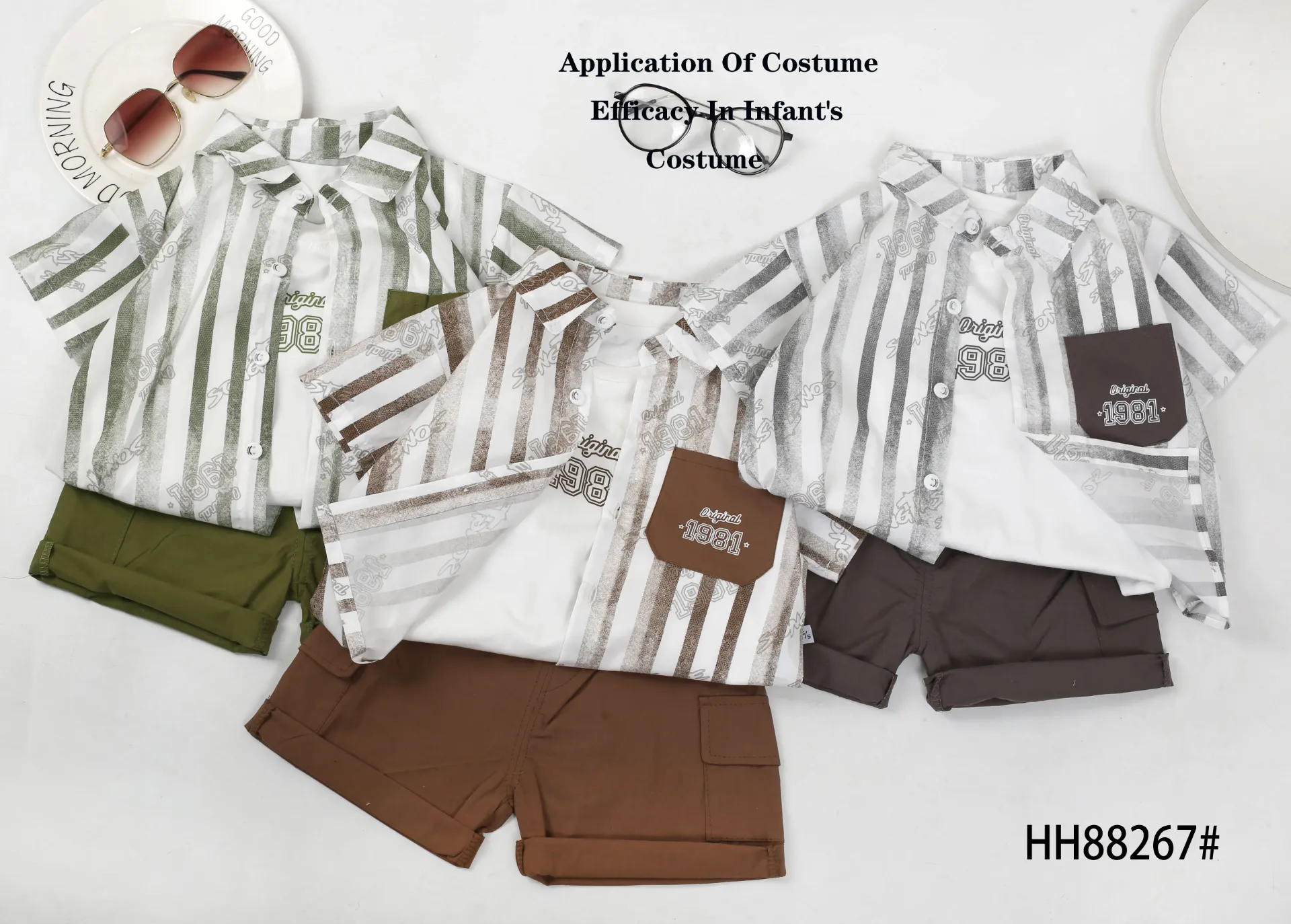 口袋1981竖纹衬衫短袖三件套