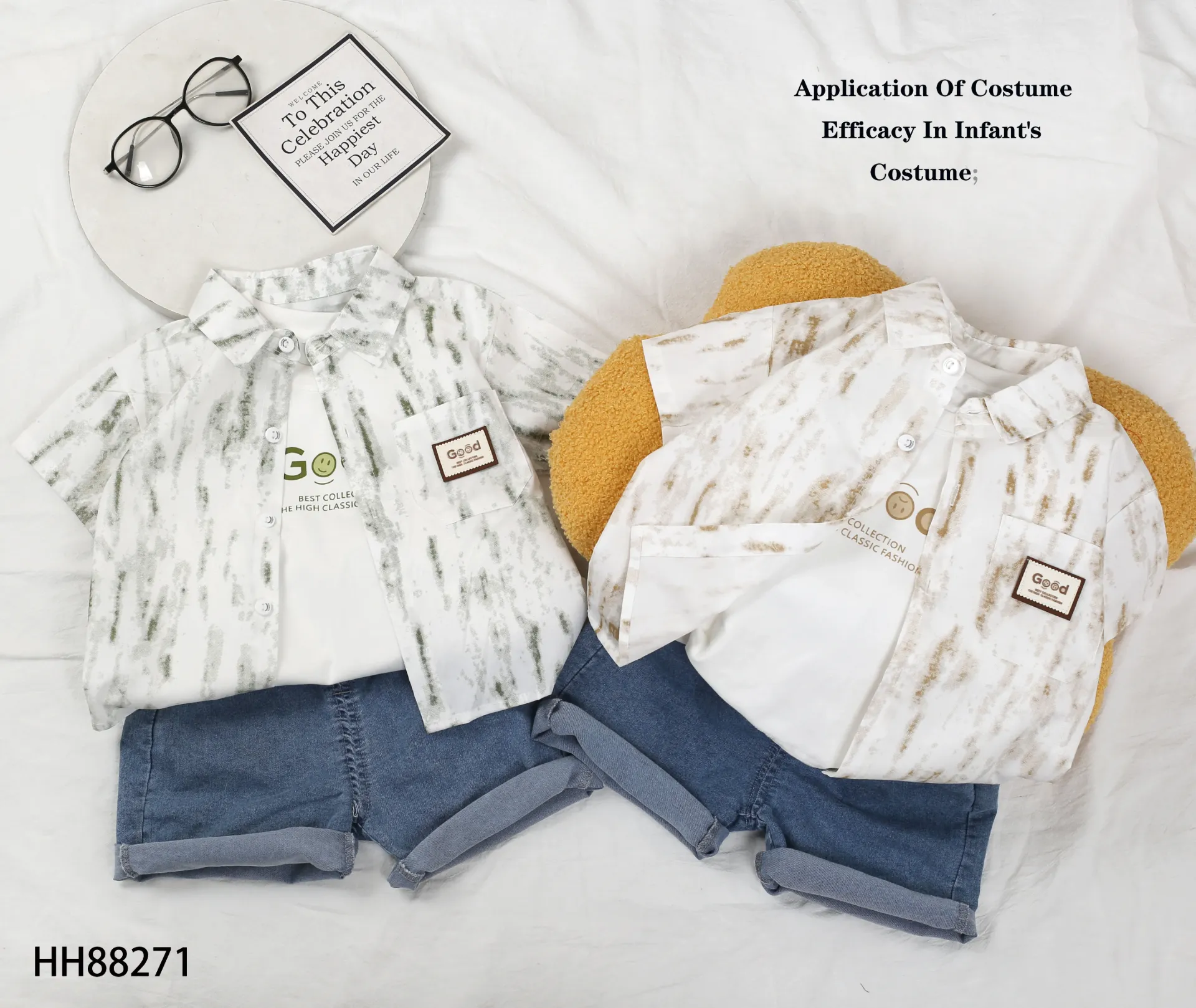 口袋GOOD标笑脸扣衬衫短袖三件套