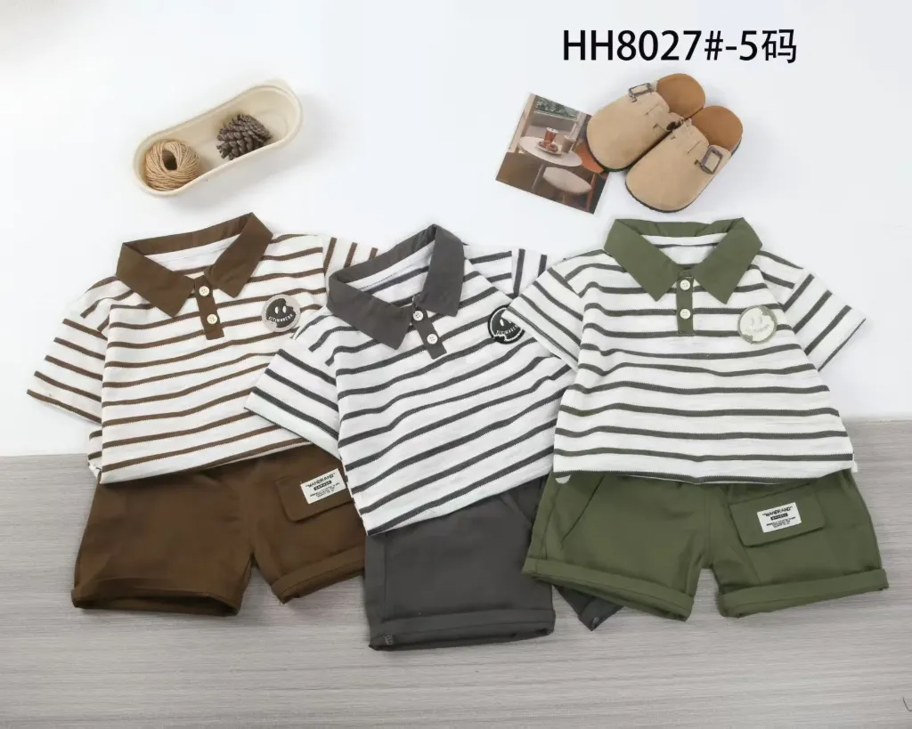 笑脸嘴字母标条纹短袖polo衫二件套