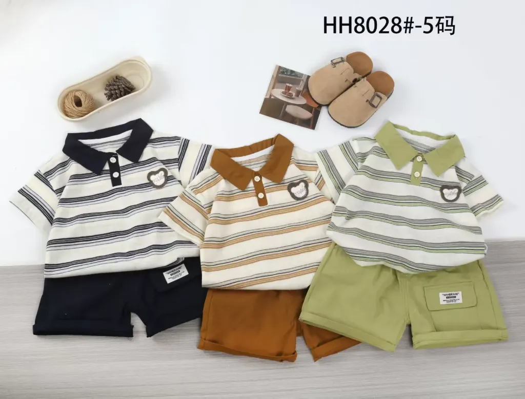 [260338028126] 闪电熊头标条纹短袖polo衫二件套 (咖色)