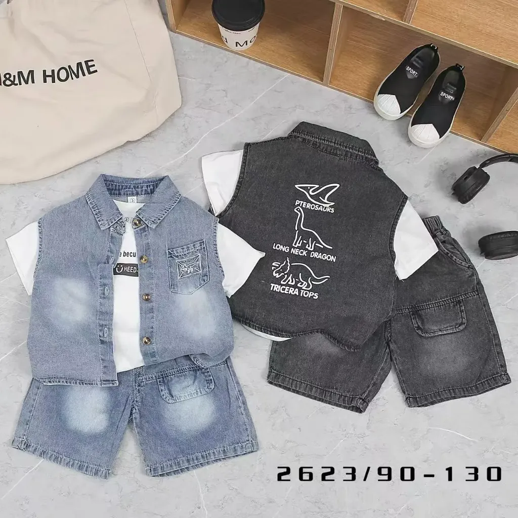 口袋线恐龙牛仔衬衫三件套