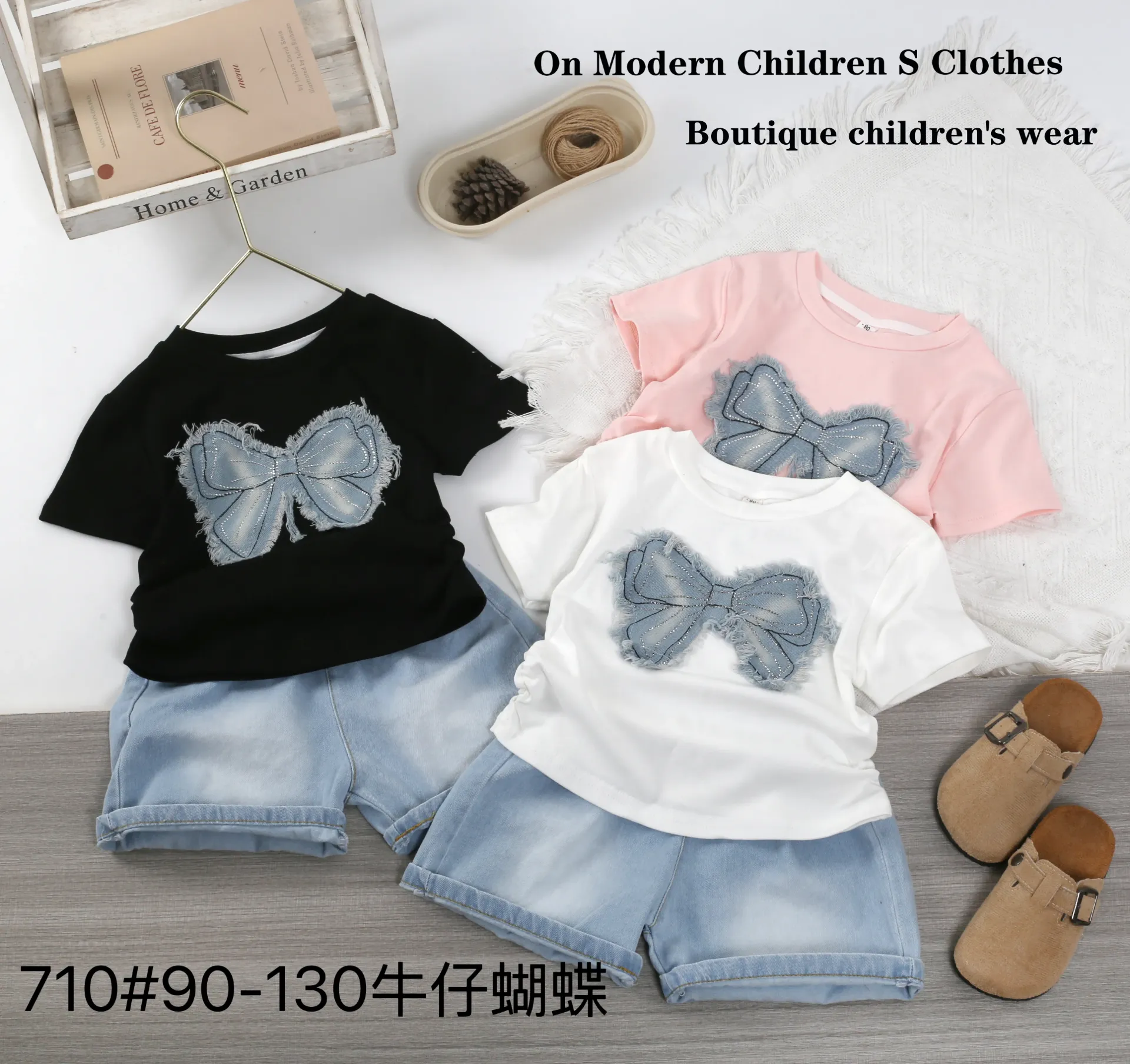 牛仔蝴蝶结短袖二件套