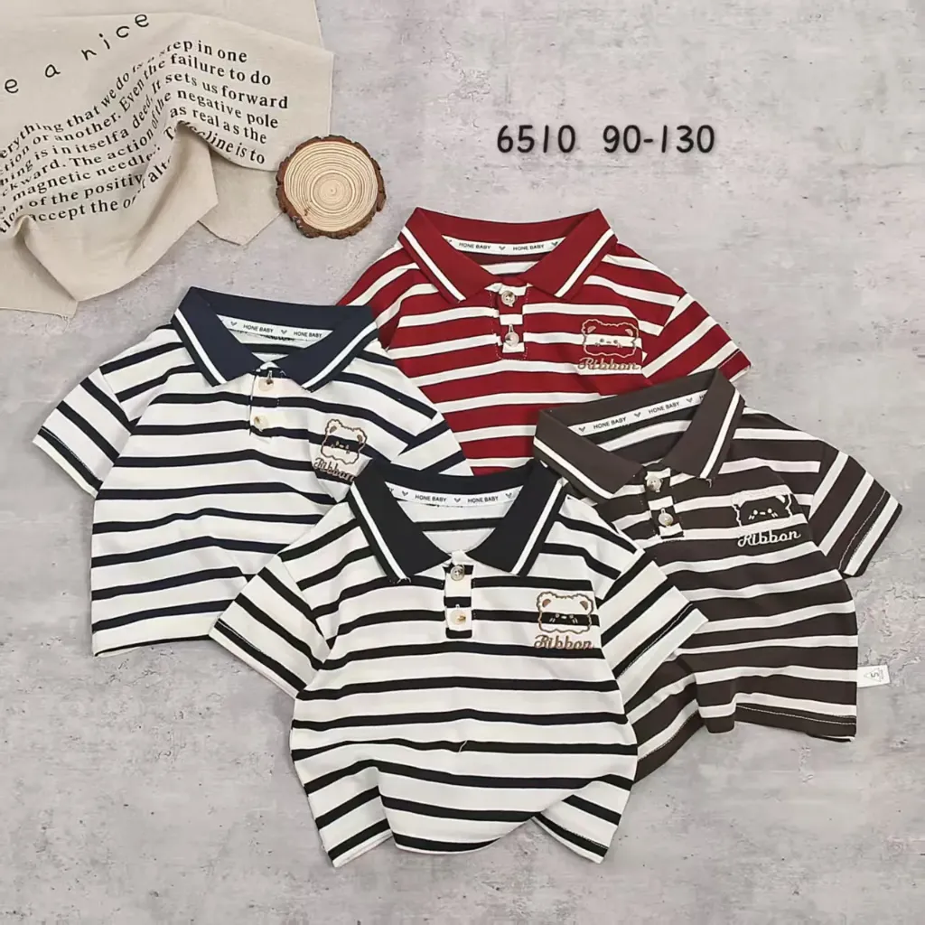[250056510313] Ribbon条纹短袖polo衫 (红色)