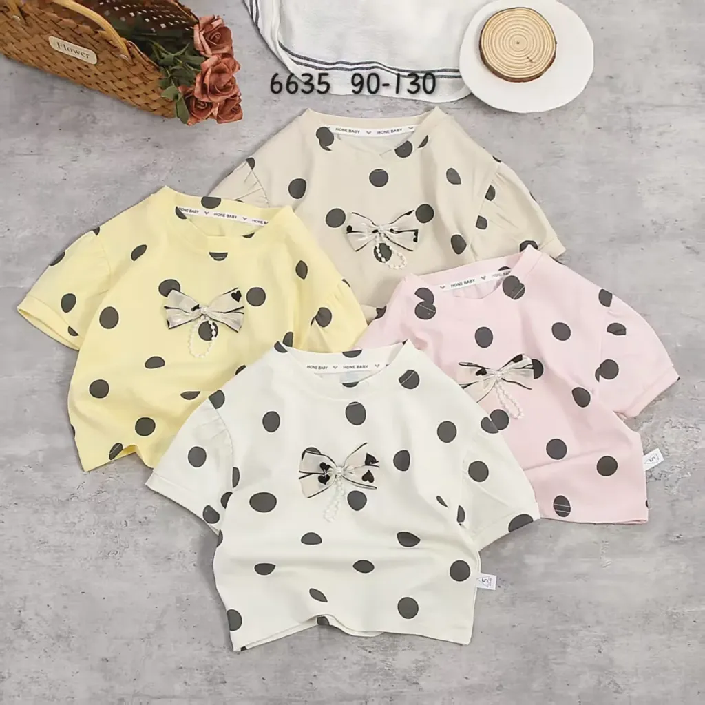 满印大点蝴蝶结珍珠短袖