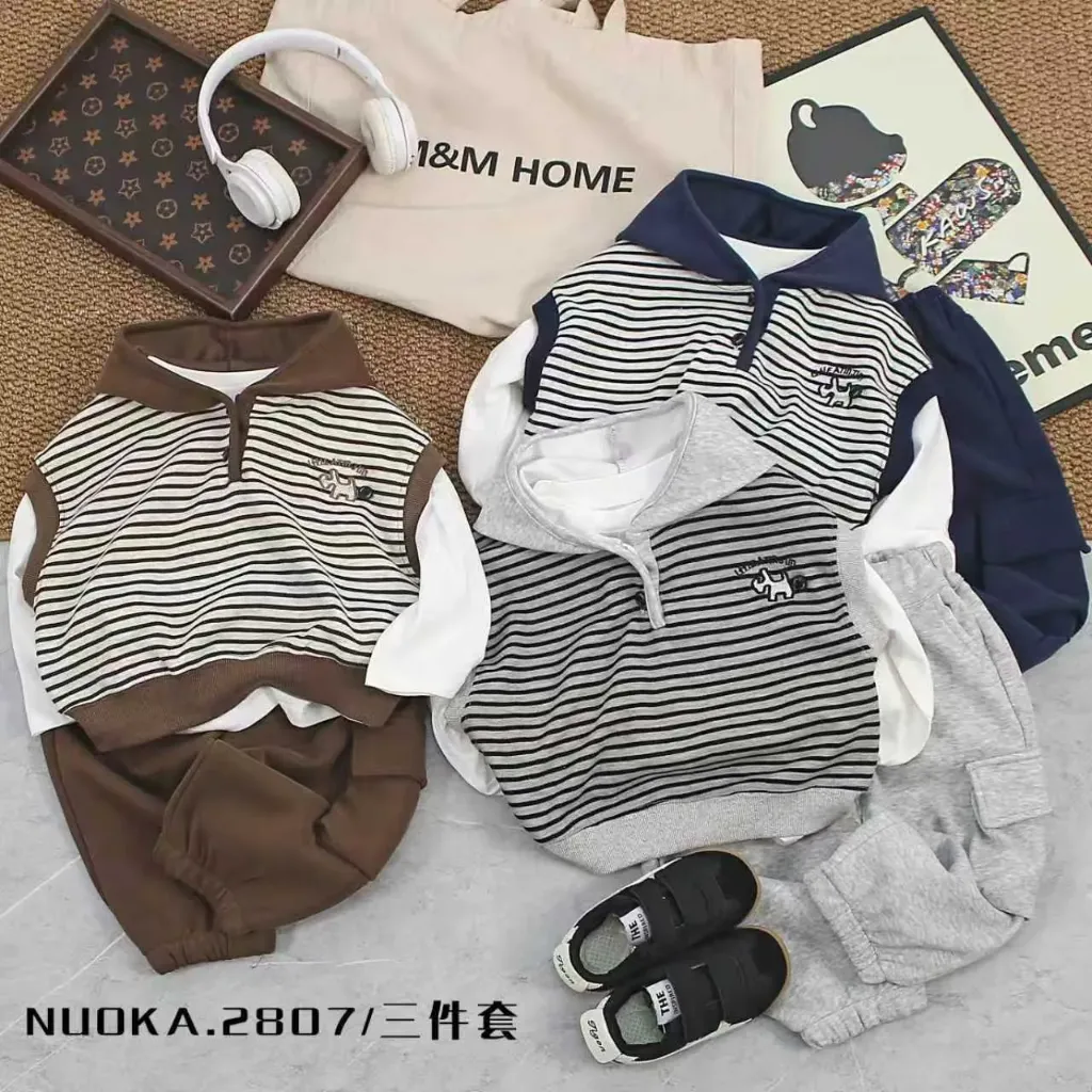 [250062807349] 绣小狗条纹二扣连帽三件套 (咖色)