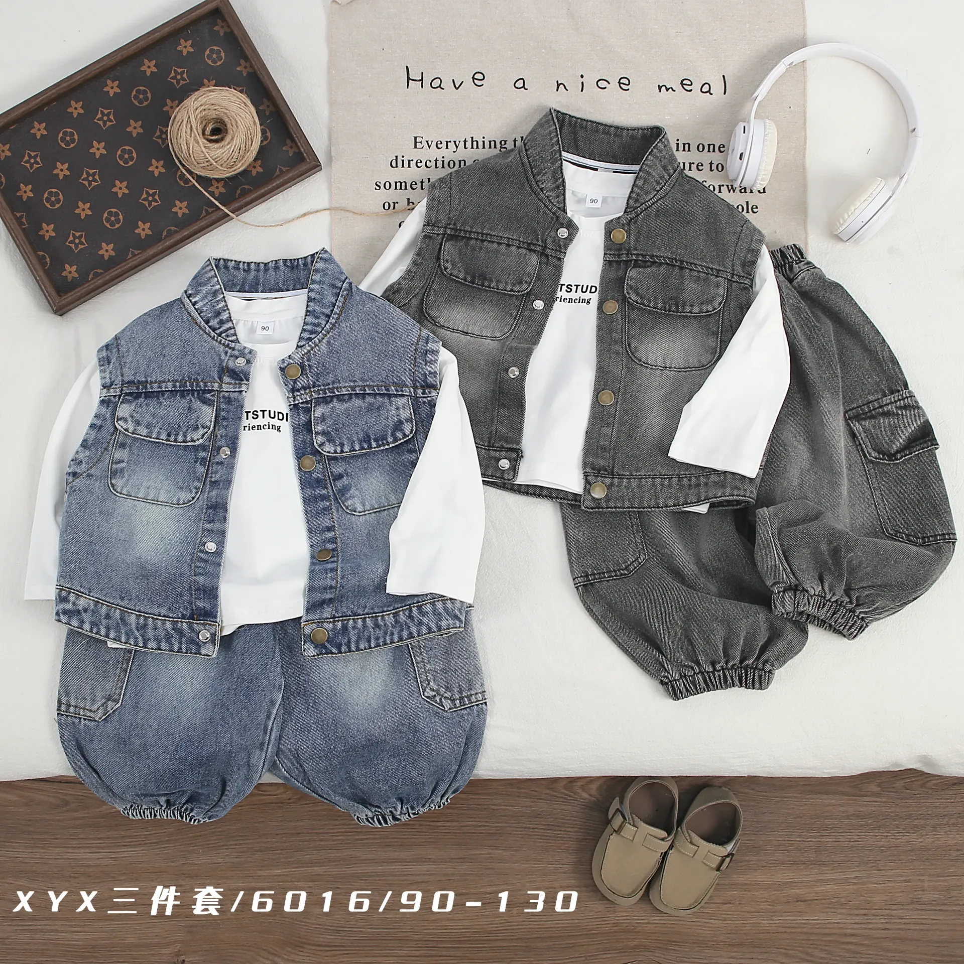 四扣二袋牛仔马甲三件套