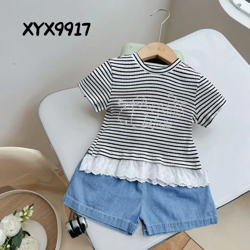 粘珠条纹花边二件套