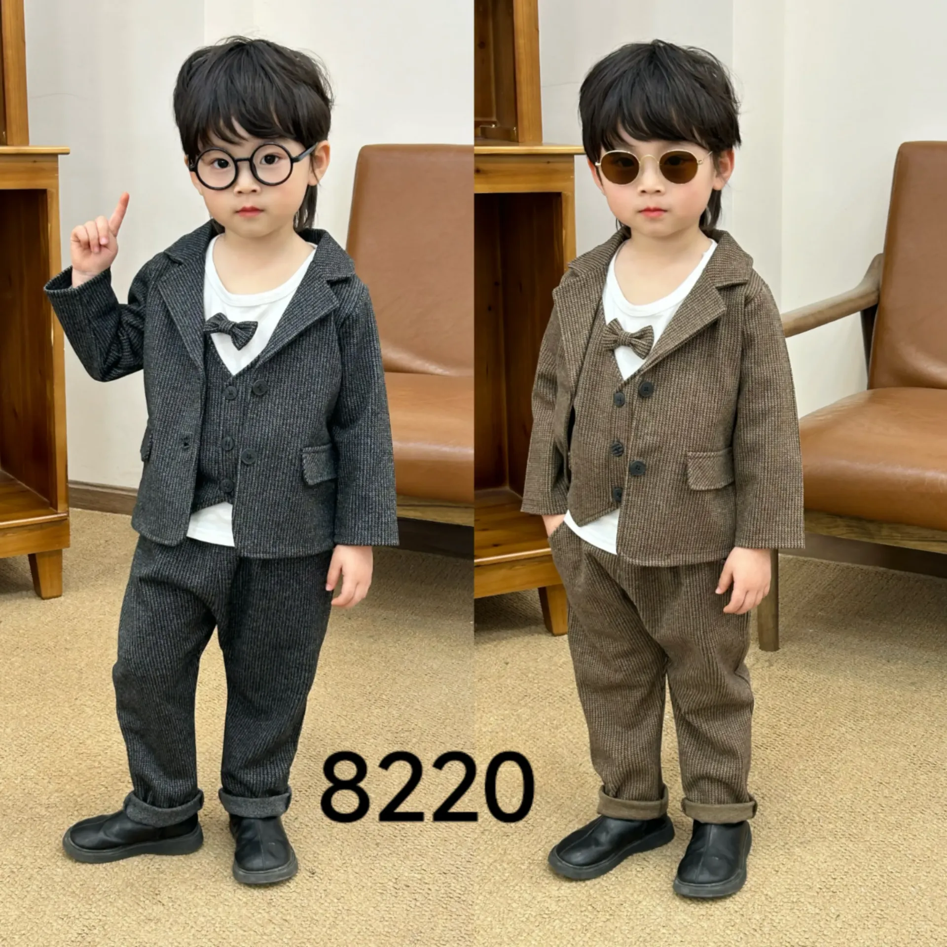 [250118220153] 二扣二口袋小格子西装三件套 (咖色)