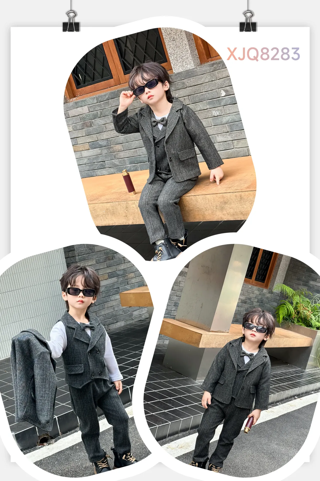 [250118283157] 二扣二口袋条纹西装四件套 (咖色)