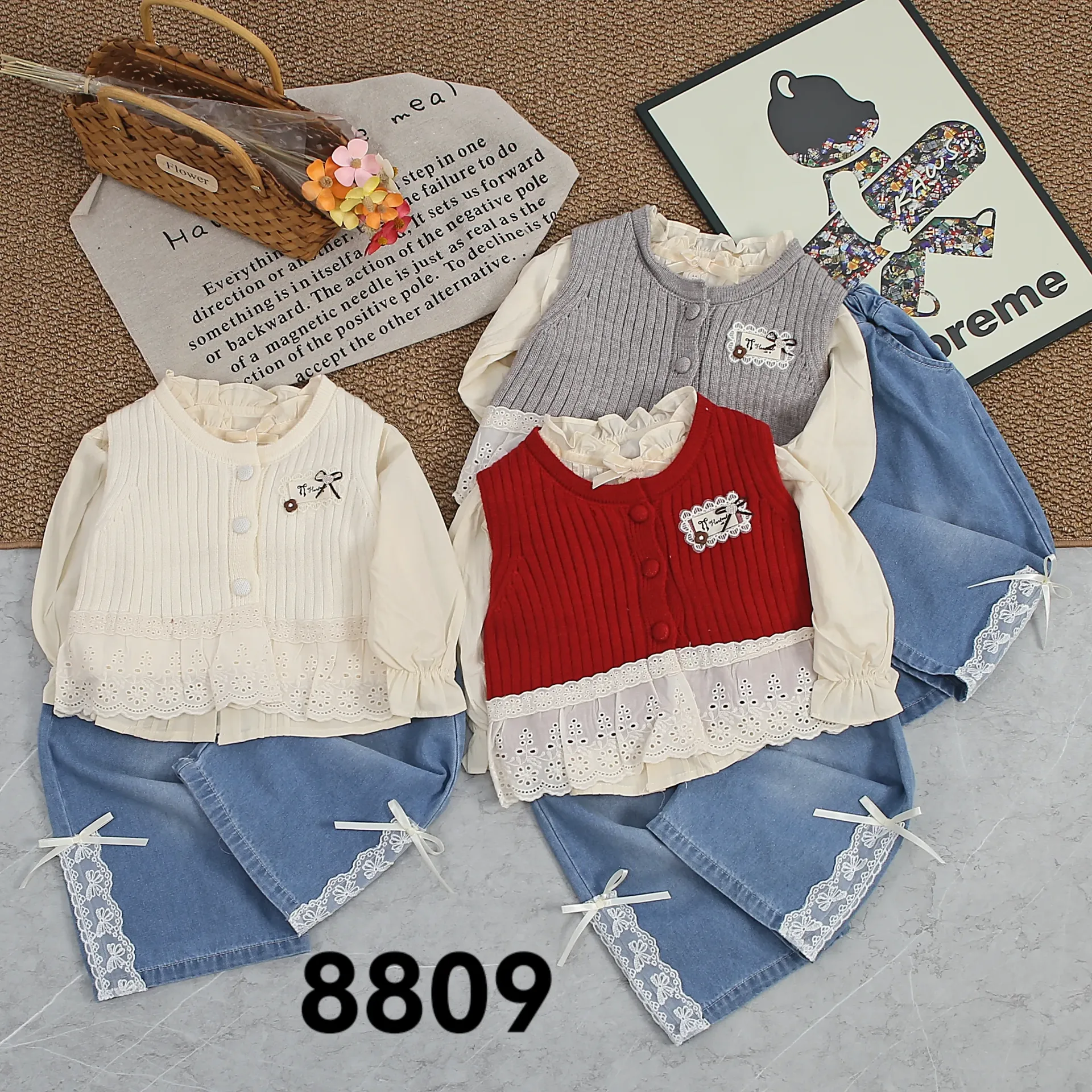 三扣蝴蝶结标毛衣三件套