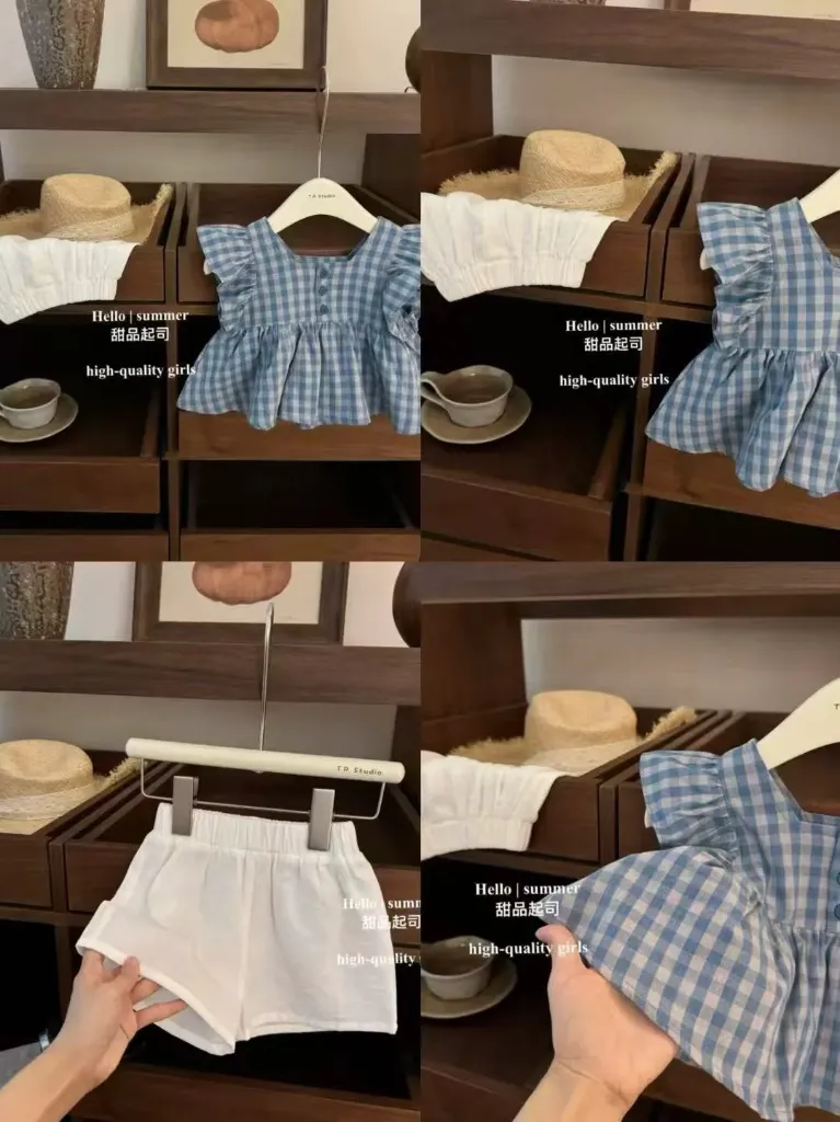 三扣格子短袖二件套