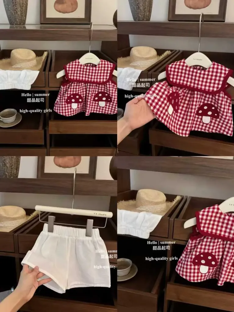 二蘑菇格子短袖二件套